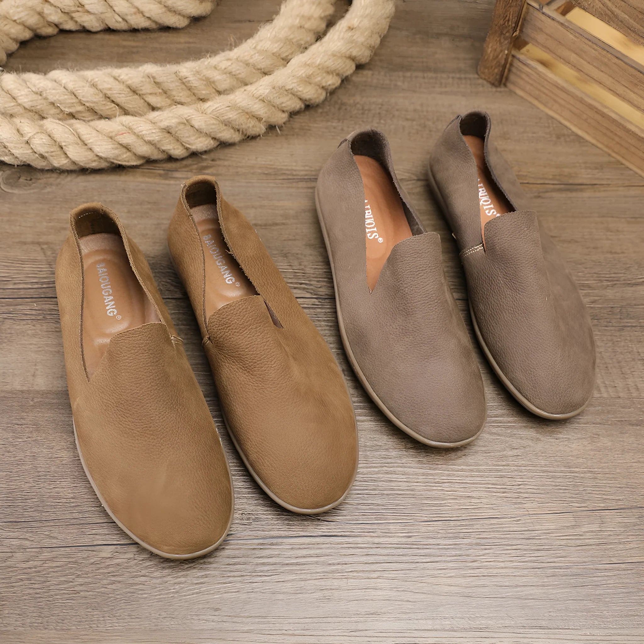 Handmade low-top men's shoes in khaki with a wedge flat heel and rubber sole.