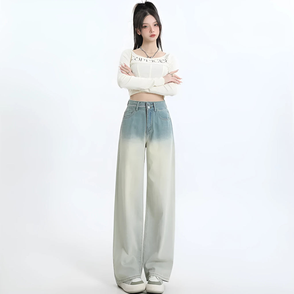 Women's gradient blue straight-leg denim trousers with wide-leg style