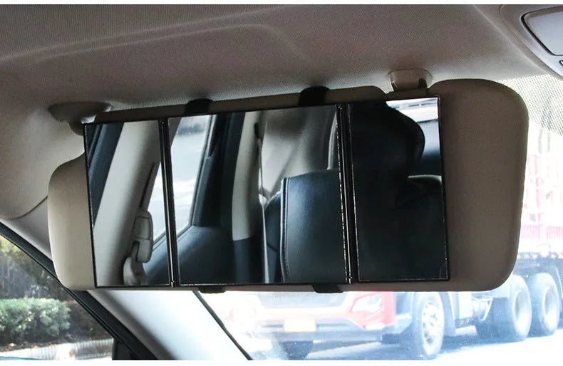Silver folding car grooming mirror showing open and closed positions with ABS frame
