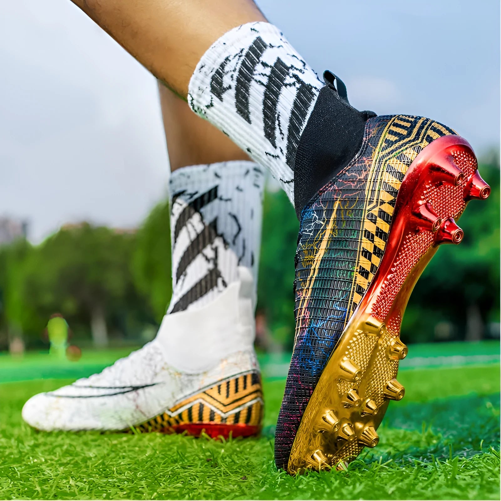 High-top male football training shoes with gold plated sole in black, white and mandarin duck colours