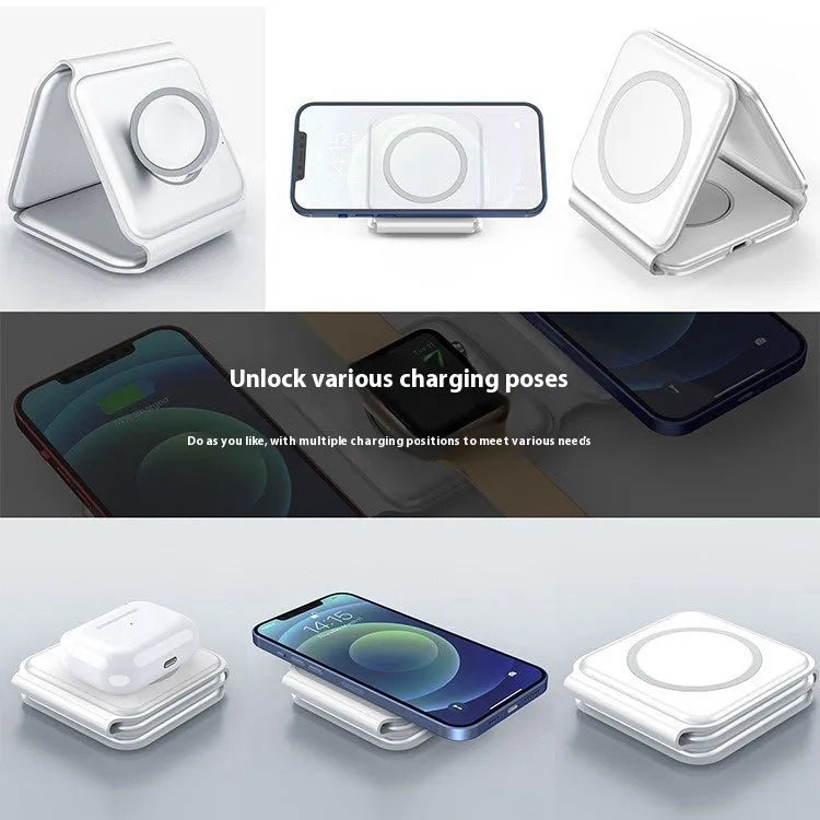 3 In 1 Magnetic Wireless Charging Folding Mobile Phone Holder Black White ABS Silicone USB-C Input 9V 2A 9V 3A Output 15W 10W 7.5W 5W 2.5W Foldable Design for Multiple Devices