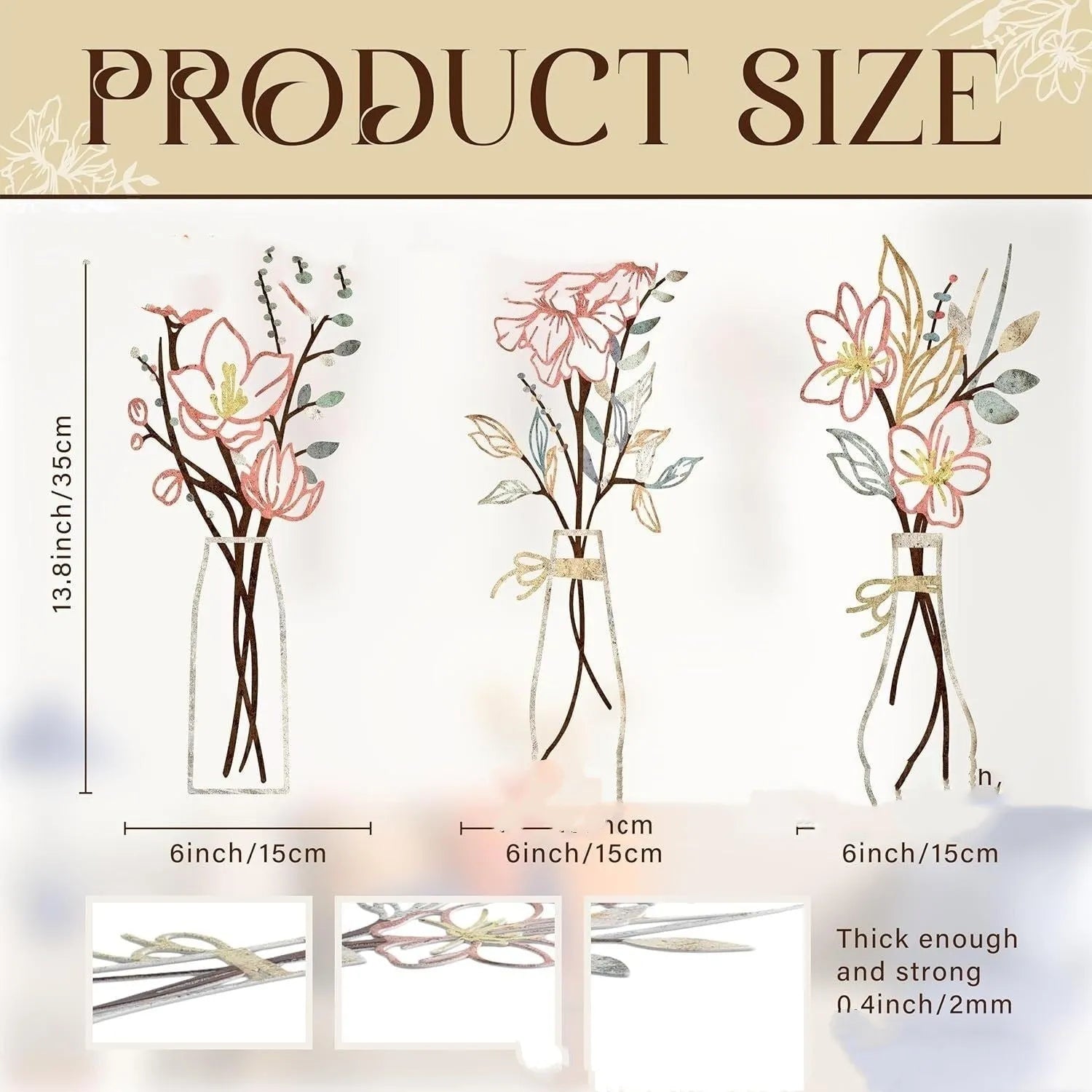 Three metal flower wall art pieces with colour vase designs for farmhouse bathroom decoration