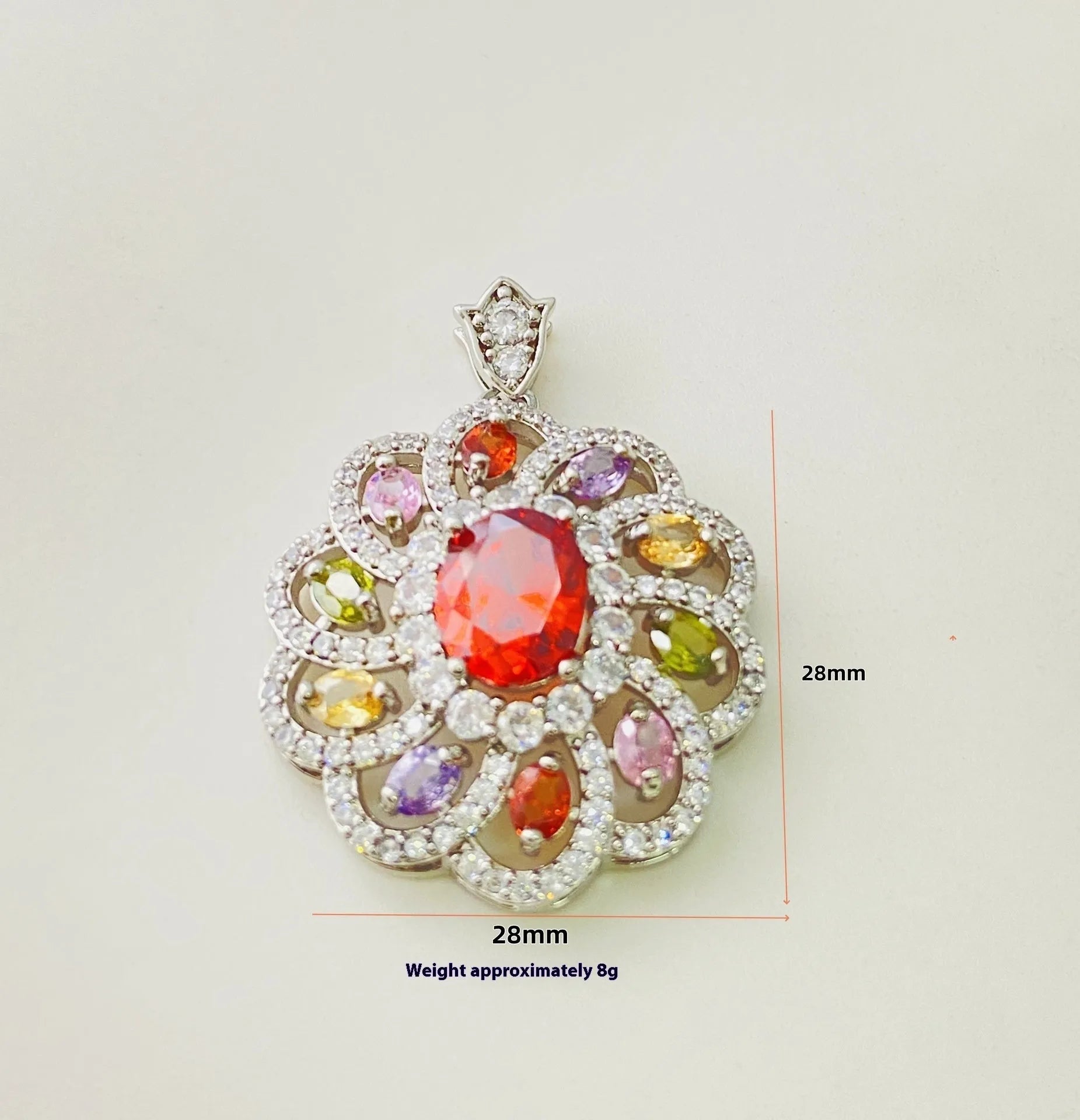 Close-up of a women's flower-shaped zircon pendant necklace in a gold electroplated finish on a model.