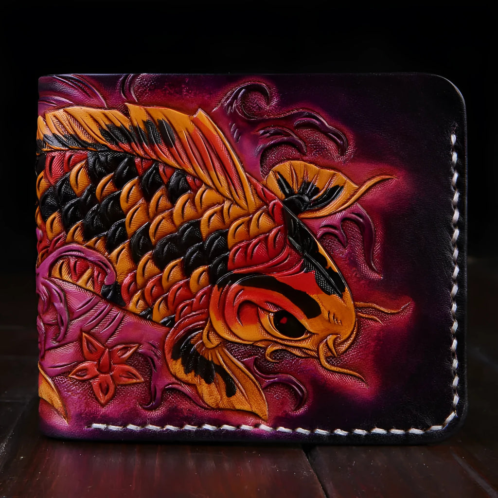 Handmade red men's cow leather short wallet with open closure.