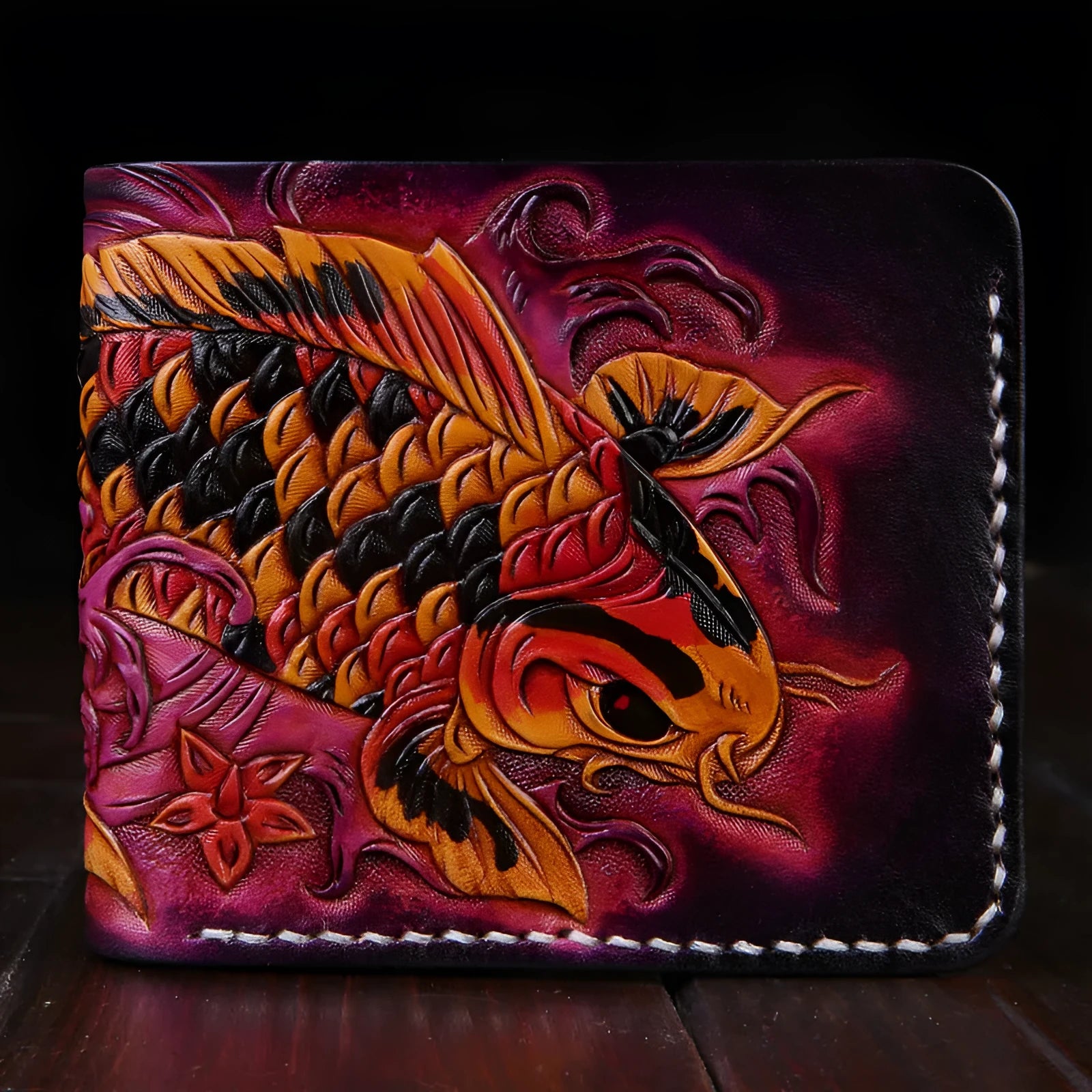 Handmade red men's cow leather short wallet with open closure.