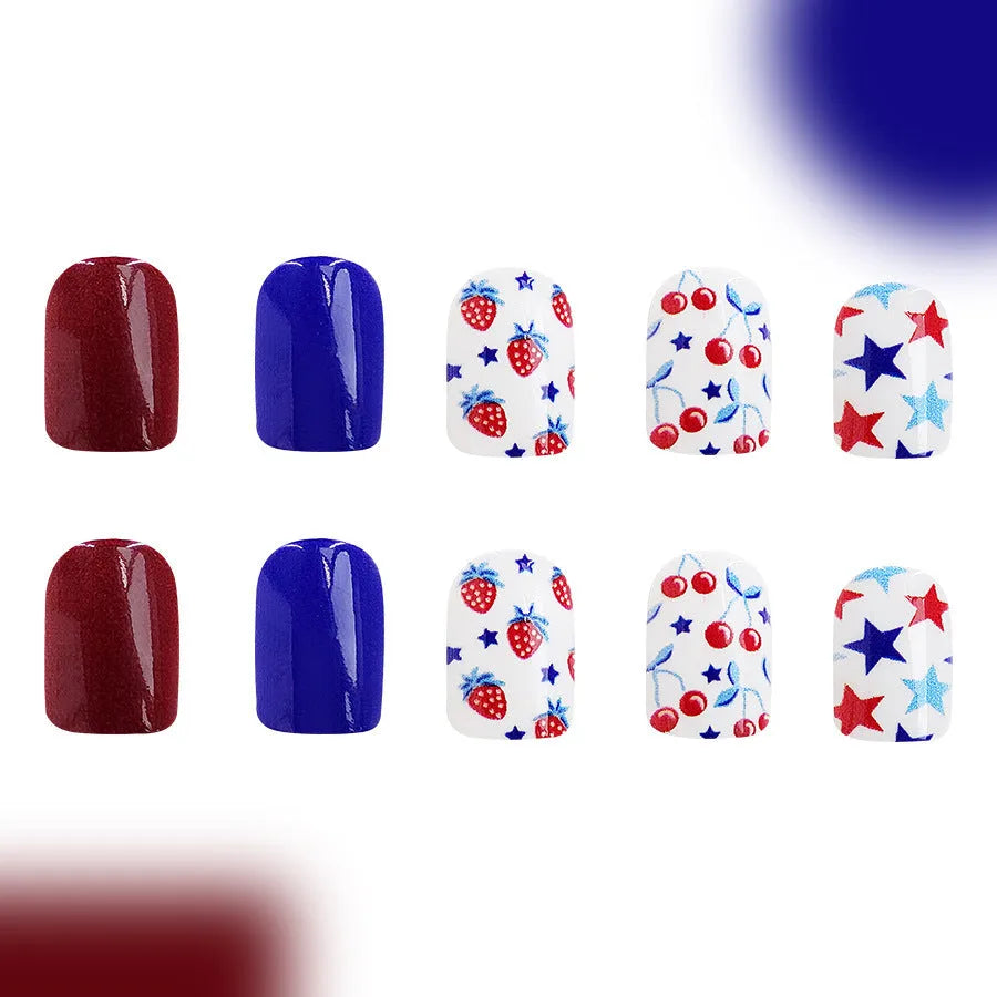 24 short glossy nail stickers with strawberry cherry Independence Day pattern in red and blue