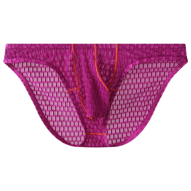 Men's low-waist ice silk lace briefs in white, black, green, red, and purple colours.