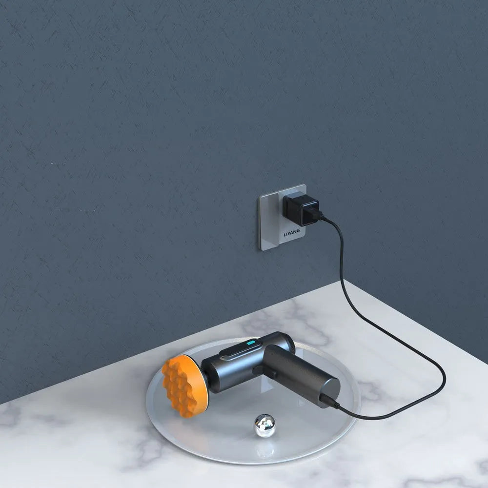 Cordless electric waxing and polishing machine with a white housing and a circular black polishing pad.