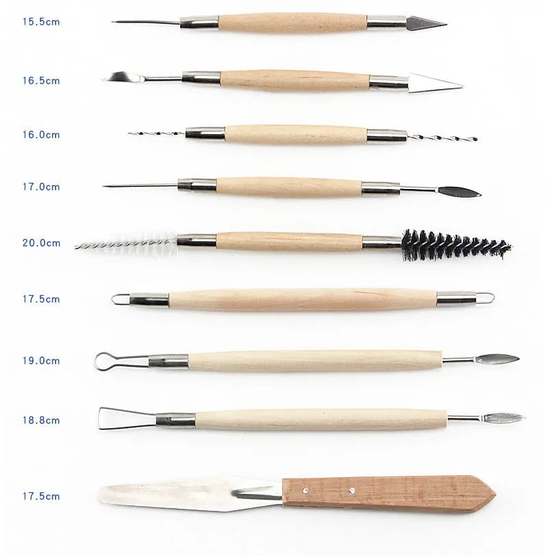 27-piece pottery tool set with stainless steel, wood, and plastic tools organised in a brown roll package.