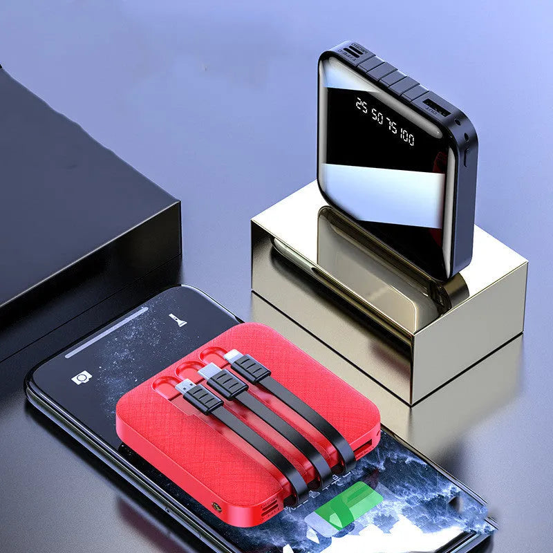 Black or red power bank with built-in charging cable showing compact 80mm square design