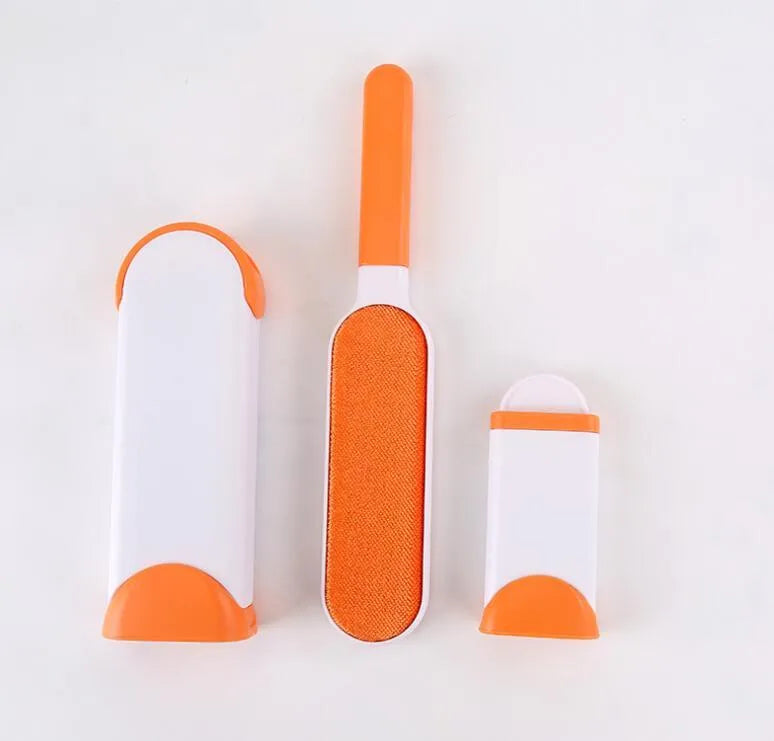 Blue reusable pet hair removal comb with a double-sided sticky brush and self-cleaning base.