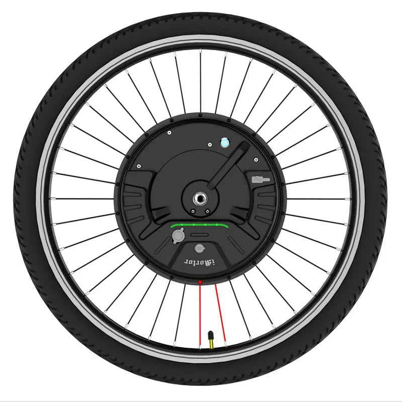 26-inch bicycle electric conversion kit showing hub motor wheel, lithium battery, and 12.6V5A charger