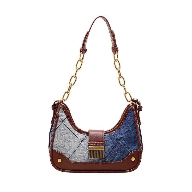 Brown denim women's bucket shoulder bag with diamond mesh pattern and chain detail