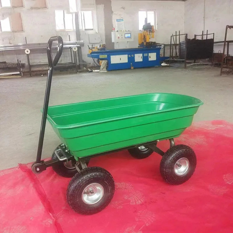 Green four-wheel plastic dump truck for agricultural tools with steel frame