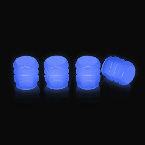 Rubber luminous tyre valve caps in multiple colours showing pack size options for bicycle and motorbike wheels