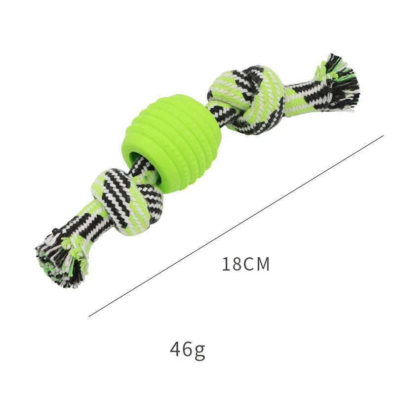 Blue molar-shaped dog chew toy with attached ropes for dental cleaning and tugging play.