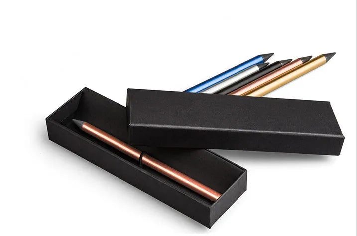 Silver inkless metal pen with spare nib and pen bag on a table.