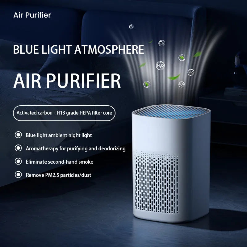 Simple style desktop air purifier with USB cable on a wooden desk