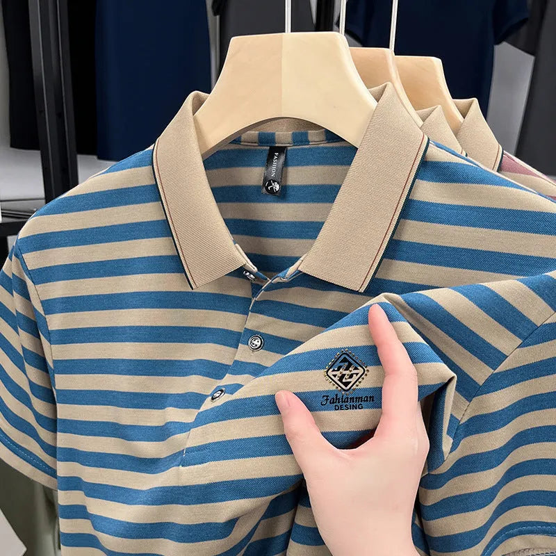 Men's striped polyester short sleeve shirt in red, blue, or green colours with mosaic pattern
