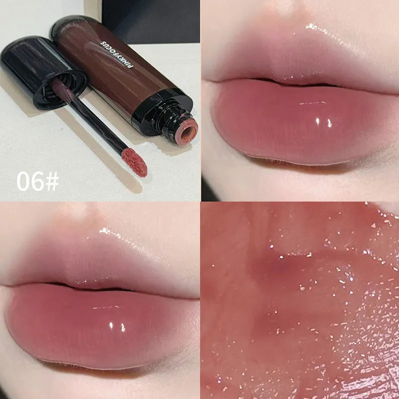 Black glossy mirror lip lacquer in one of six matte colour options: tomato, orange brown, brown, rose, red, or sweet potato.