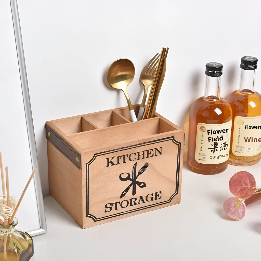 Wooden kitchen storage box for knives forks and chopsticks with internal grid compartments
