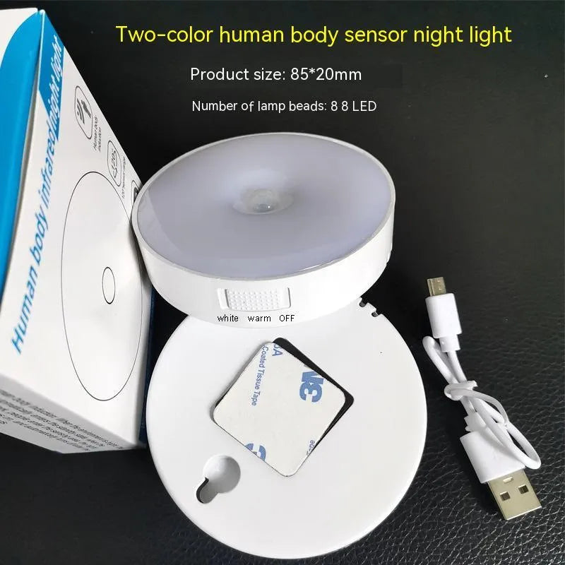 USB rechargeable body sensing LED night light in beige or white with 86mm diameter