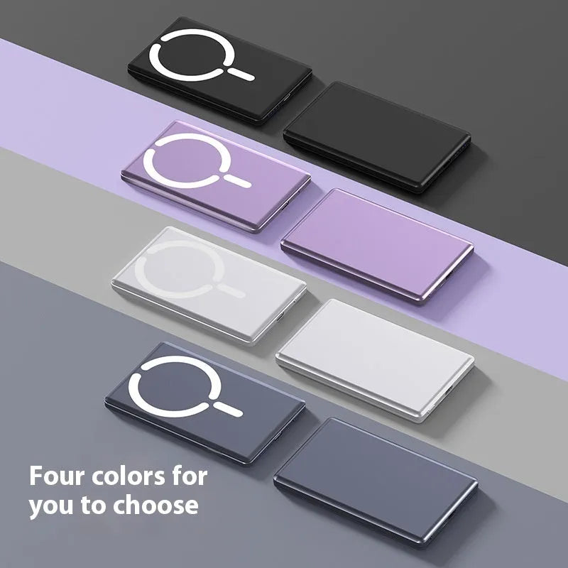 Ultra-thin magnetic power bank measuring 105x66mm in black dark gray silver violet colours
