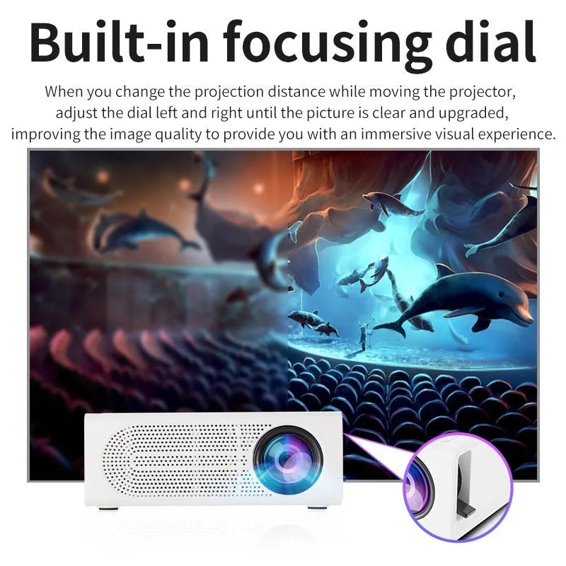 Black and white portable mini projector with wired mobile phone connection cable