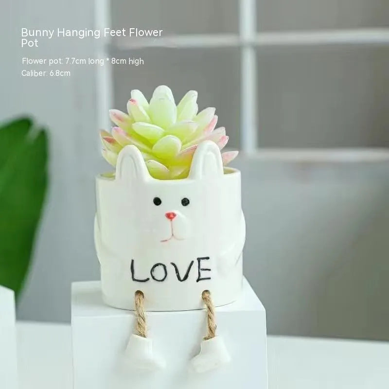 Ceramic hanging foot flowerpot with cartoon design for succulent plants on desktop