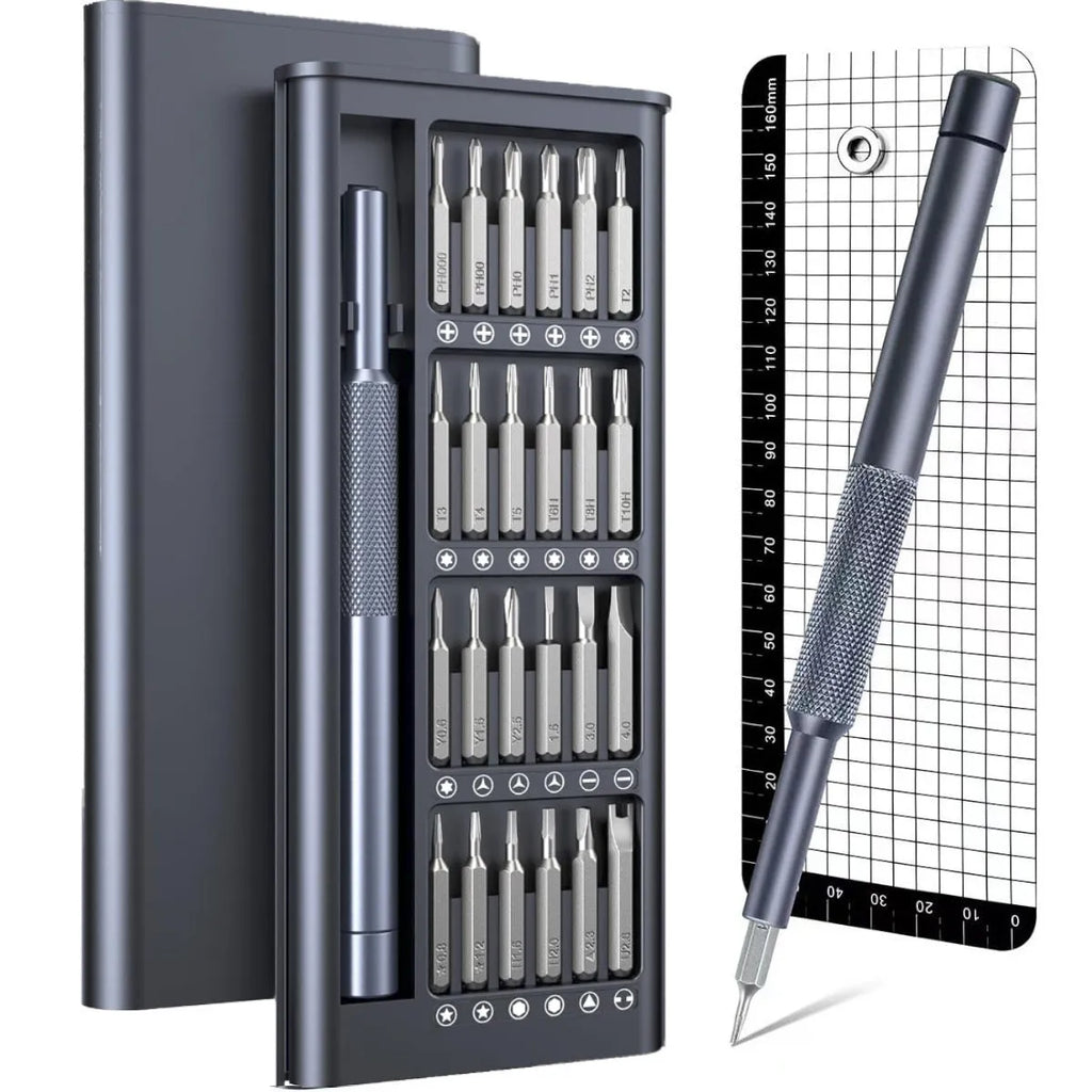 25-in-one magnetic precision screwdriver set with chrome vanadium steel bits and black ABS handle.