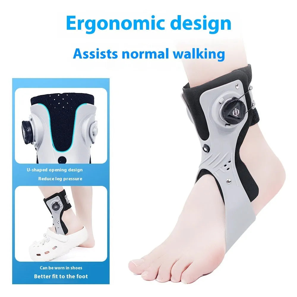Grey and black ankle support brace with airbag button technology for adjustable compression