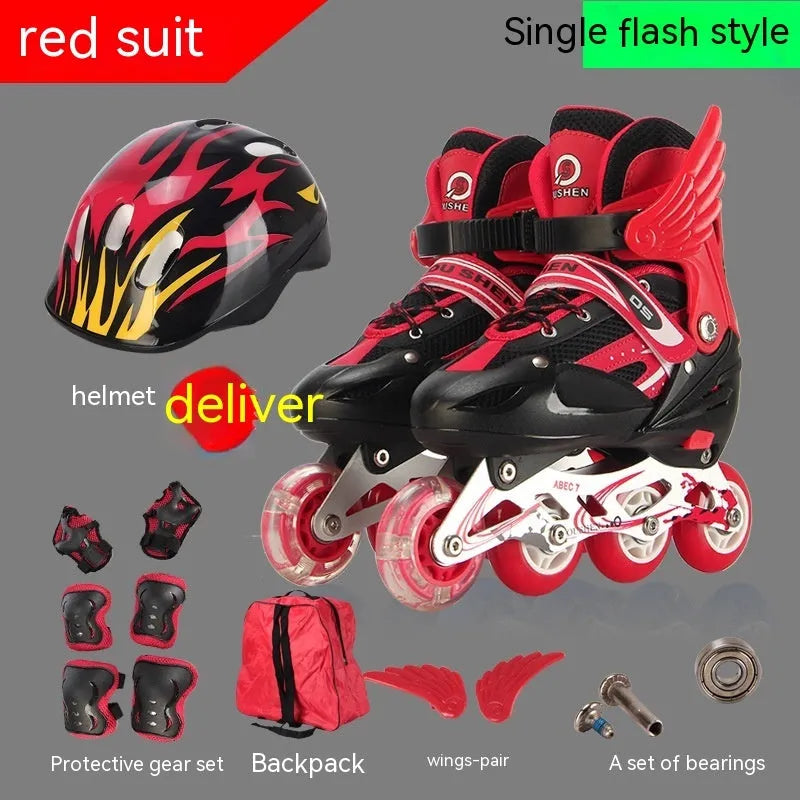 Child's adjustable roller skates in yellow with PU foam wheels, aluminium frame, and full set of protective gear including helmet.