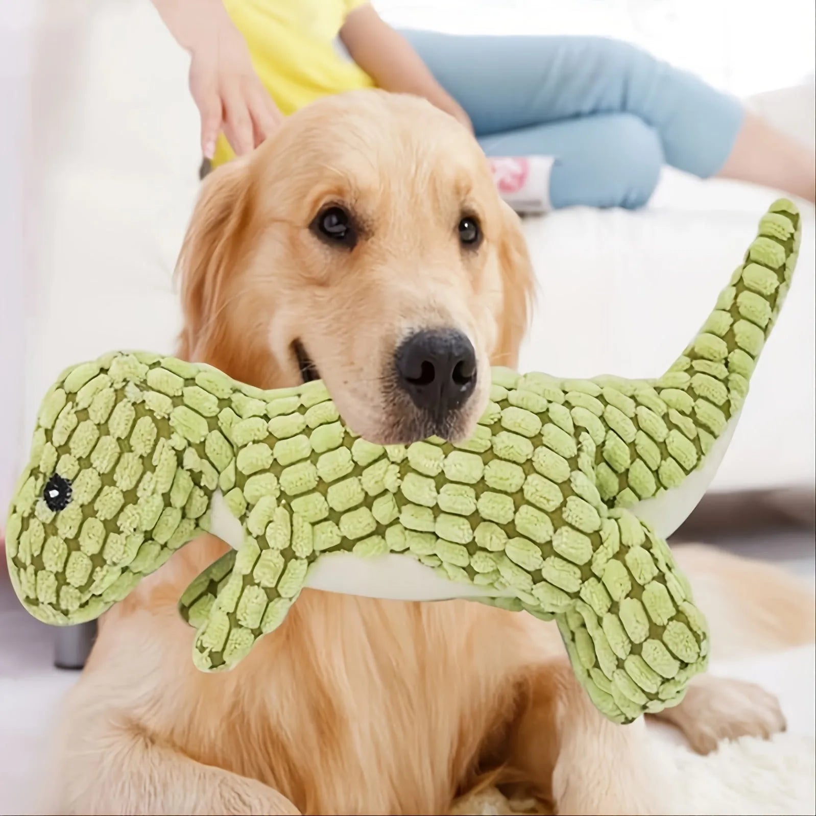 Grey dog chew toy with sound measuring 35cm long for separation anxiety relief and bite-resistant chewing