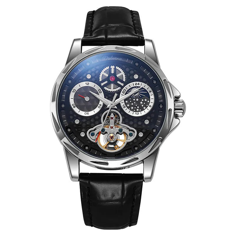 Men's automatic waterproof watch with luminous hands and stainless steel case on leather strap