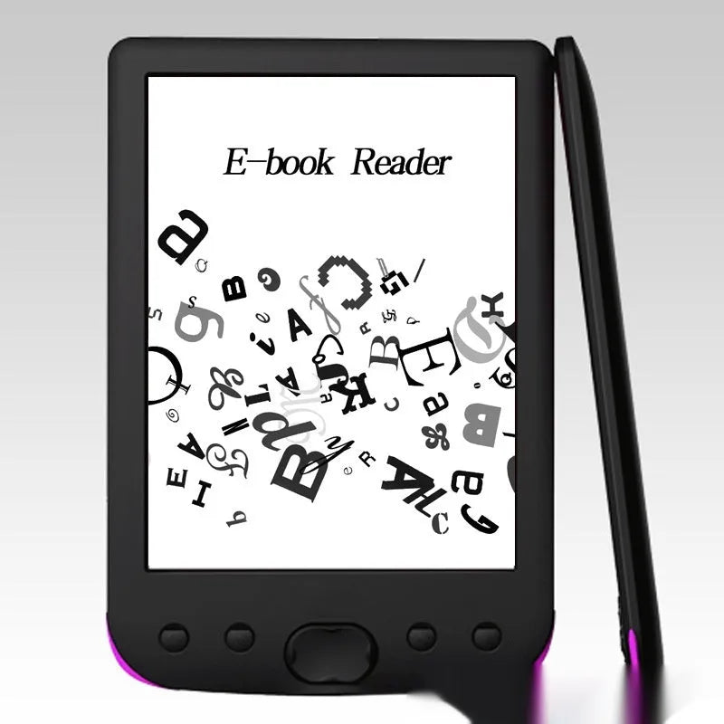 Black 6-inch E-ink e-book reader showing its paper-like screen and compact design.
