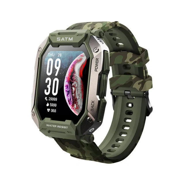Men's smartwatch with silicone strap showing heart rate and blood pressure monitoring on display