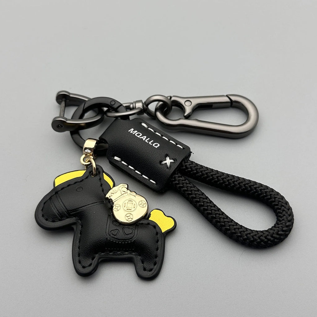 Handmade cowhide leather car key pendant with zinc alloy pony buckle and coloured flanelle rope