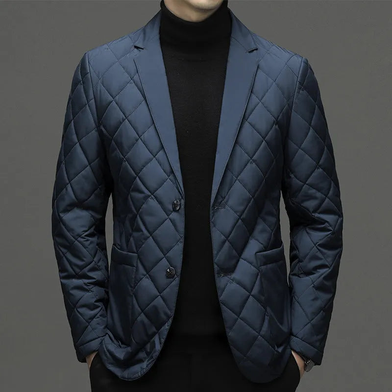 Men's thick winter down jacket with cardigan lapel in solid colour with side seam pockets