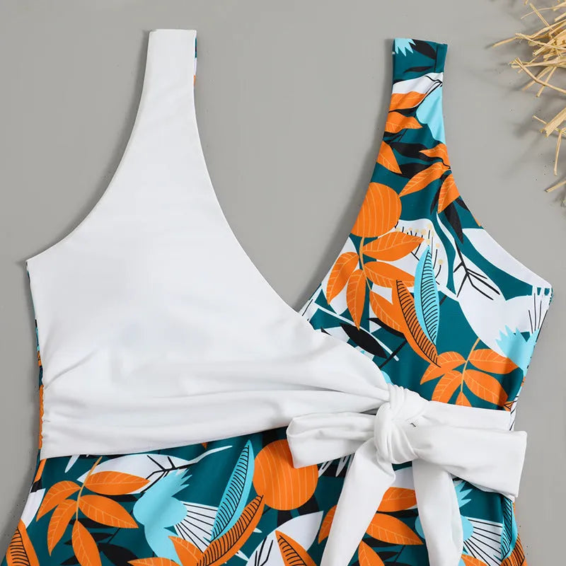 Women's high-waist one-piece swimsuit with printed pattern in quick-drying polyester fabric