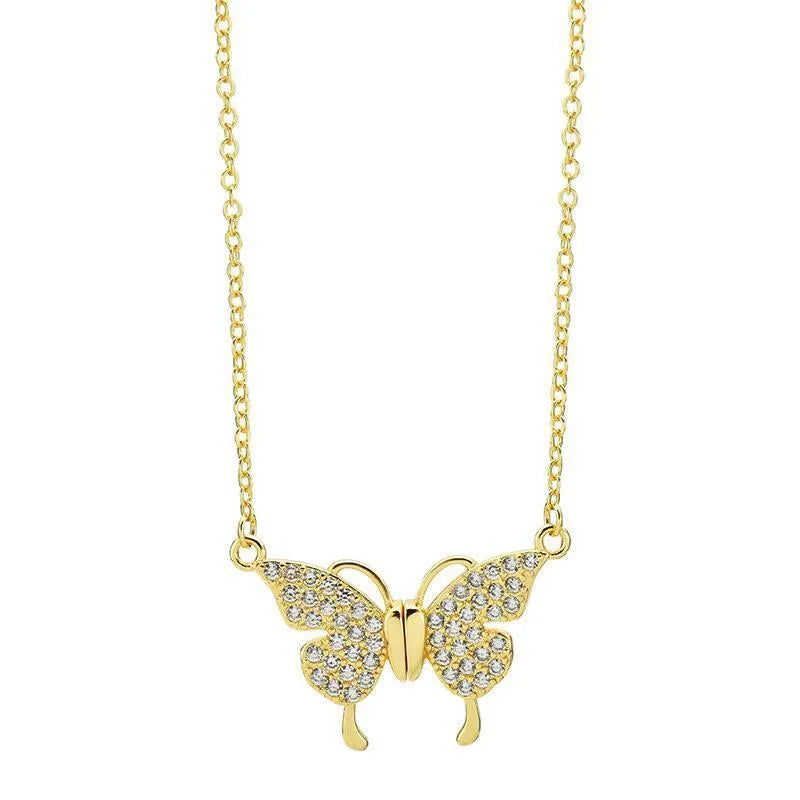 Gold clavicle chain necklace with magnetic butterfly charm and twisted chain design