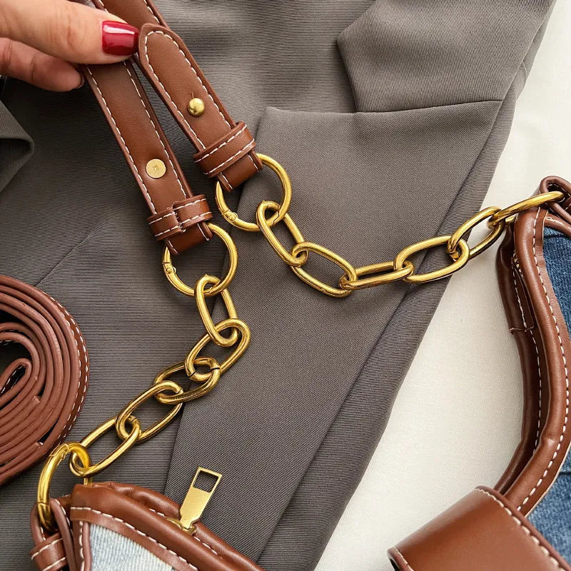 Brown denim women's bucket shoulder bag with diamond mesh pattern and chain detail