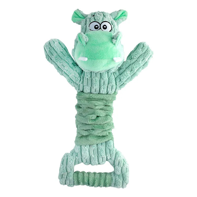 Large blue hippo plush dog toy with a handle, sitting next to a brown monkey version.
