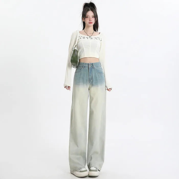 Women's gradient blue straight-leg denim trousers with wide-leg style
