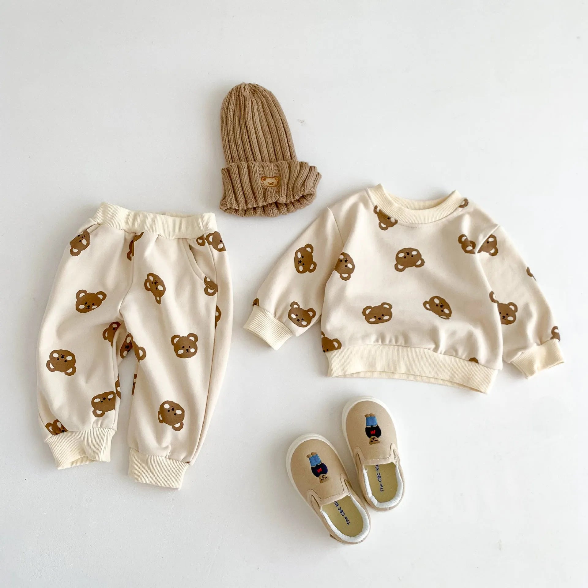 Baby cotton round neck bear cartoon sweater suit in rice apricot with matching trousers
