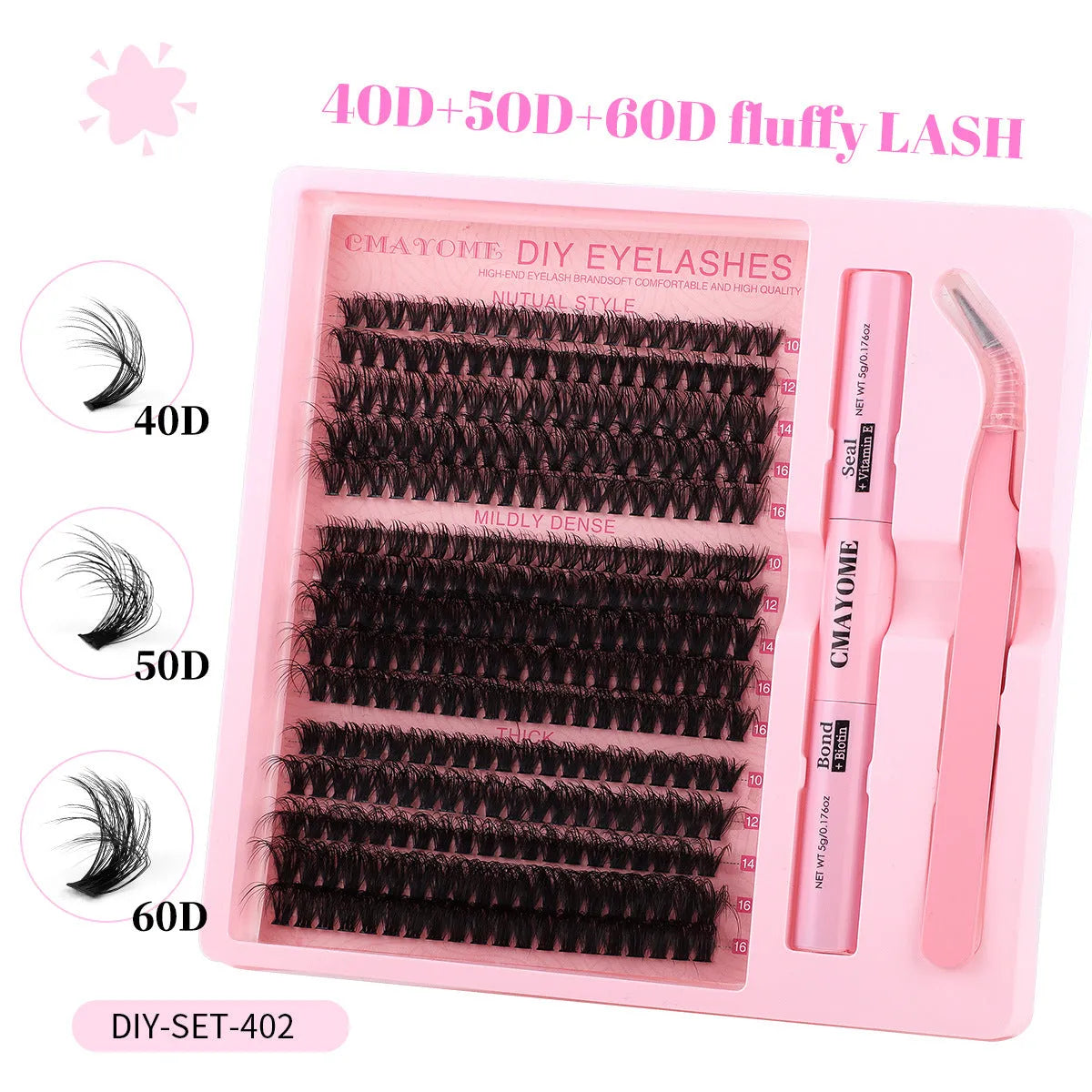 DIY false eyelash extension kit showing cluster lashes and metal eyelash tweezers on a clean background.