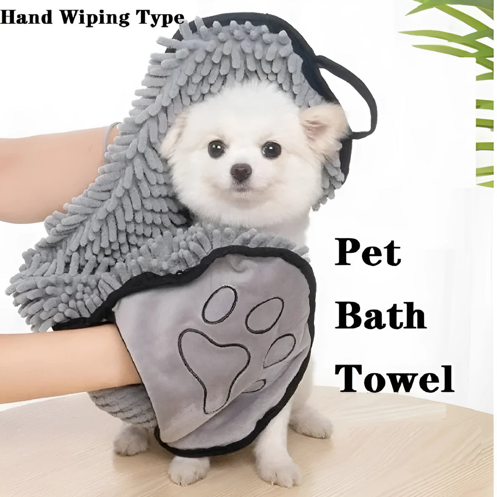 Blue soft fibre pet bath robe towel laid flat, showing its size next to a dog silhouette.