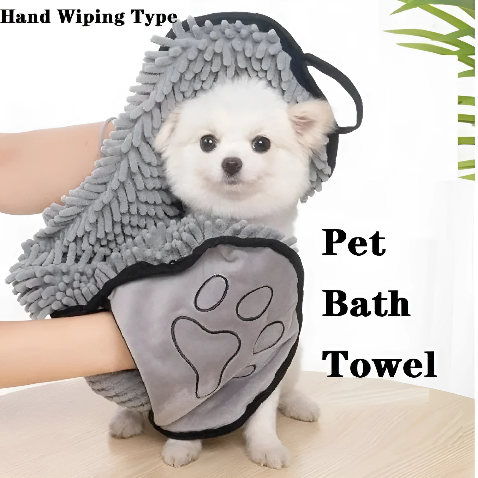 Blue soft fibre pet bath robe towel laid flat, showing its size next to a dog silhouette.