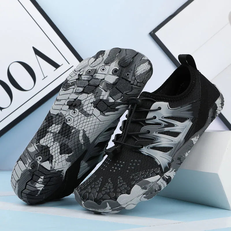 Men's and women's quick-drying mesh beach shoes in various colours with lace-up front and textured rubber sole.