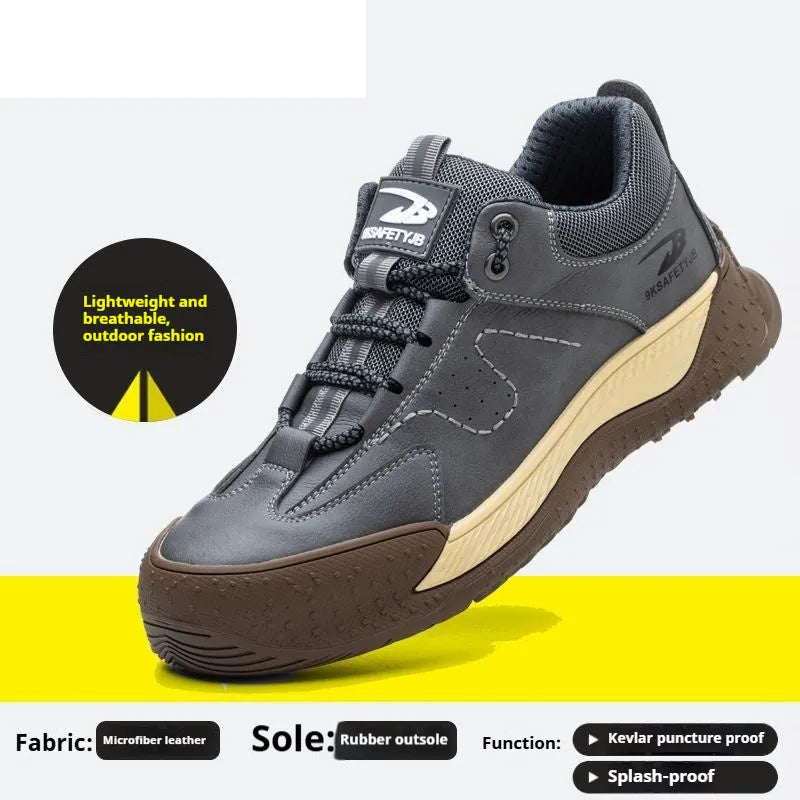 Flyknit leather work safety shoes with rubber sole in black, available sizes 36-46