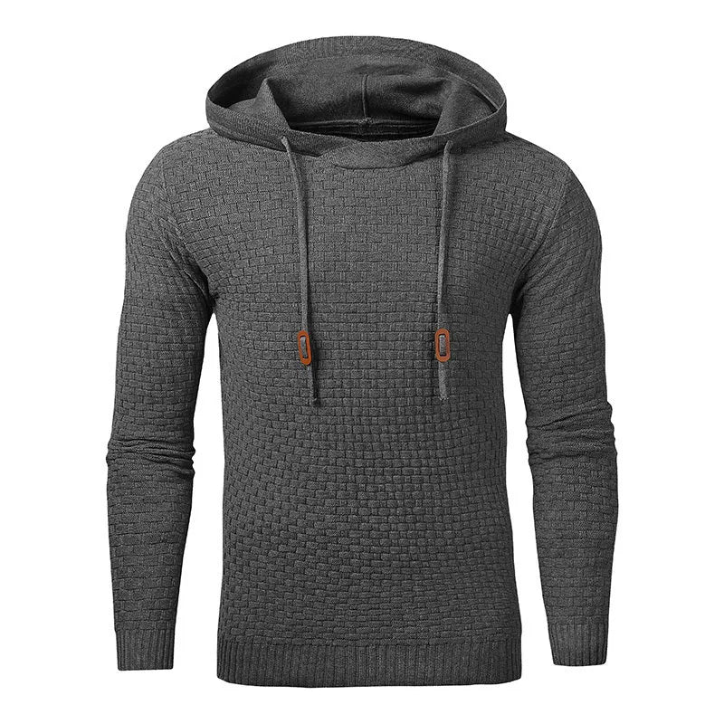 Men's cotton-polyester hoodie on a hanger, available in colours like black, navy blue, red, and khaki.